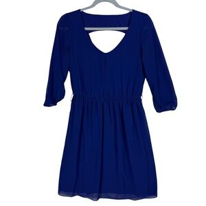 By & By Dress Womens Small Blue Sheer Lined Scoop Neck Keyhole Back Cocktails